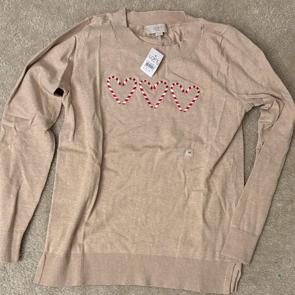 LOFT Beige Sweater with Red Heart Accents